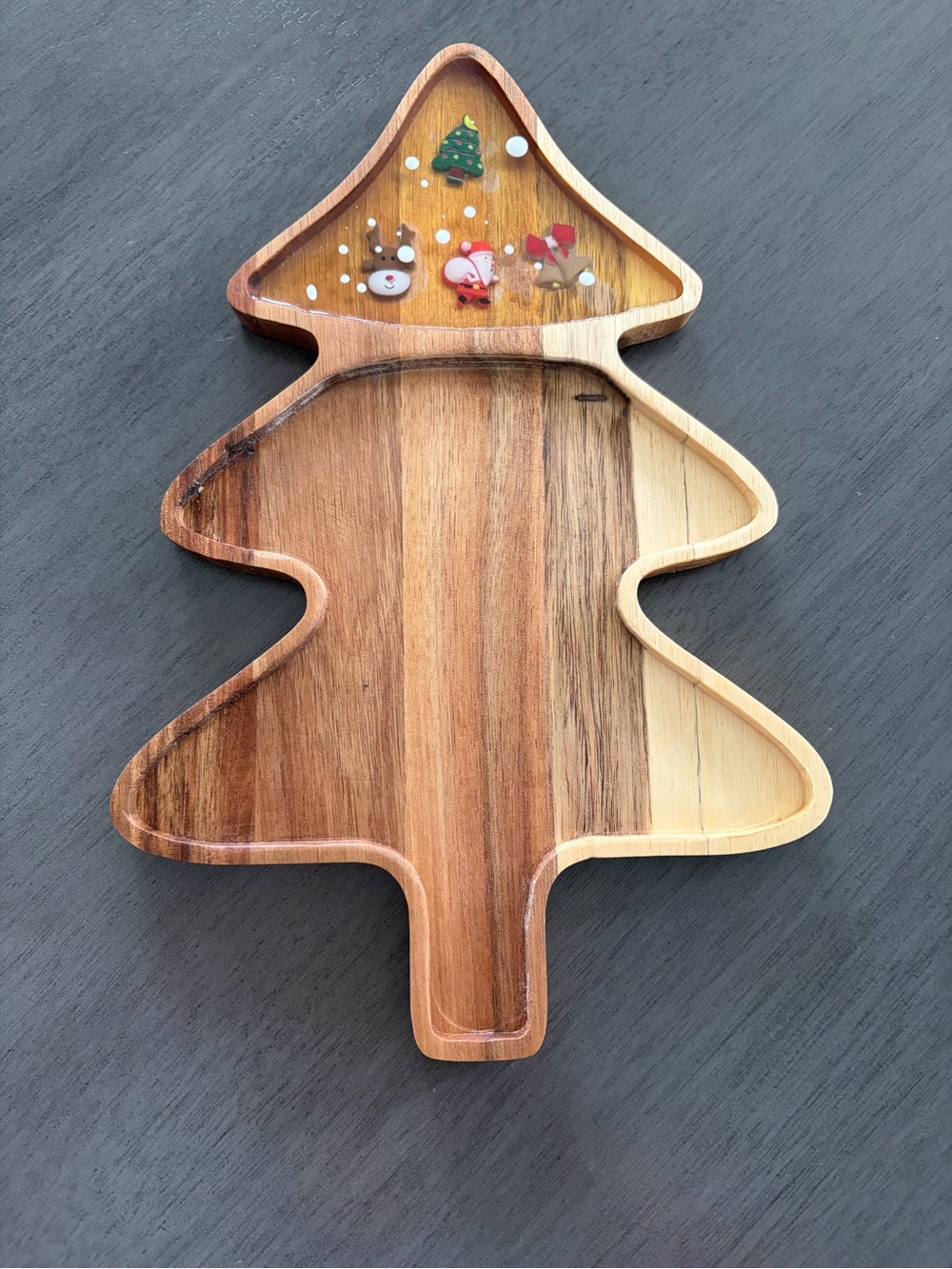 Wooden Christmas Tree Serving Tray - Natural Wood with Festive Accents